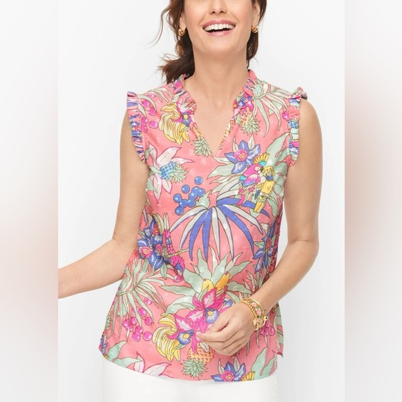 Talbots Pink Tropical Floral Print Ruffle Trim Sleeveless Blouse. Size Large - Picture 1 of 13